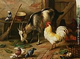 Edgar Hunt Famous Paintings - A Goat Chicken and Doves in a Stable